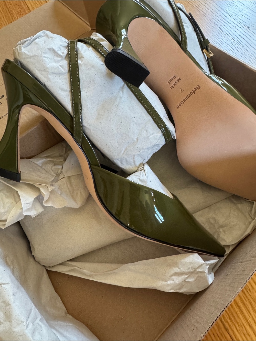 NWT Reformation NATASHA HEEL Olive Patent Pointed-Toe Ankle Strap - Picture 2 of 6